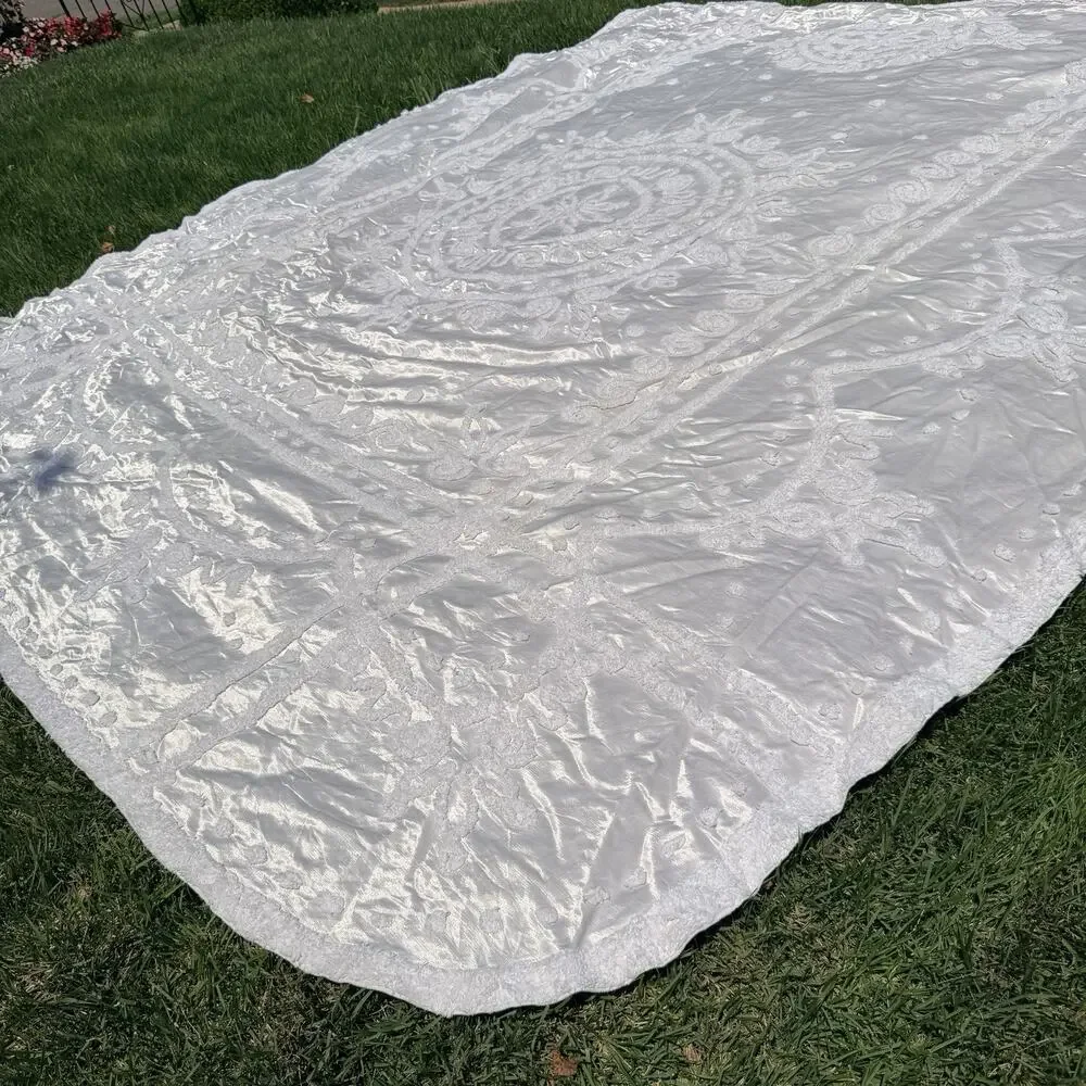 Vtg 50's EVERWEAR Chenille Satin Bedspread Cream White Full/Queen Hollywood Glam